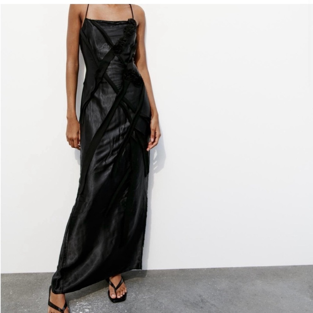 Zara NWT black satin & mesh floral appliqué slip maxi dress with spaghetti strap - Picture 11 of 12